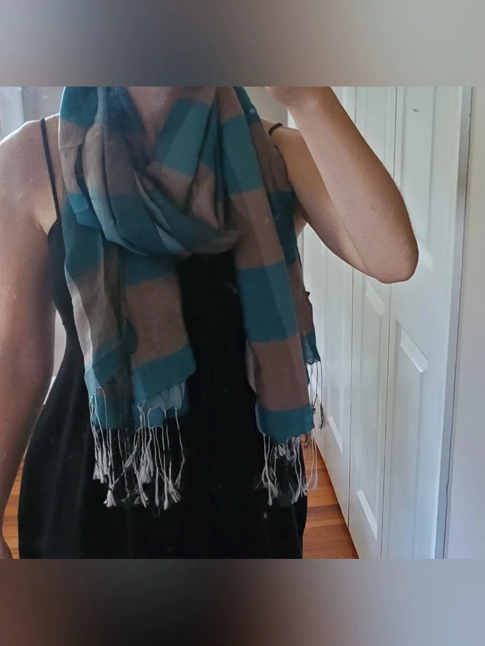 Oversized Turquoise Taupe Plaid Fringe Scarf Boho Cottagecore Coastal Wrap Shawl